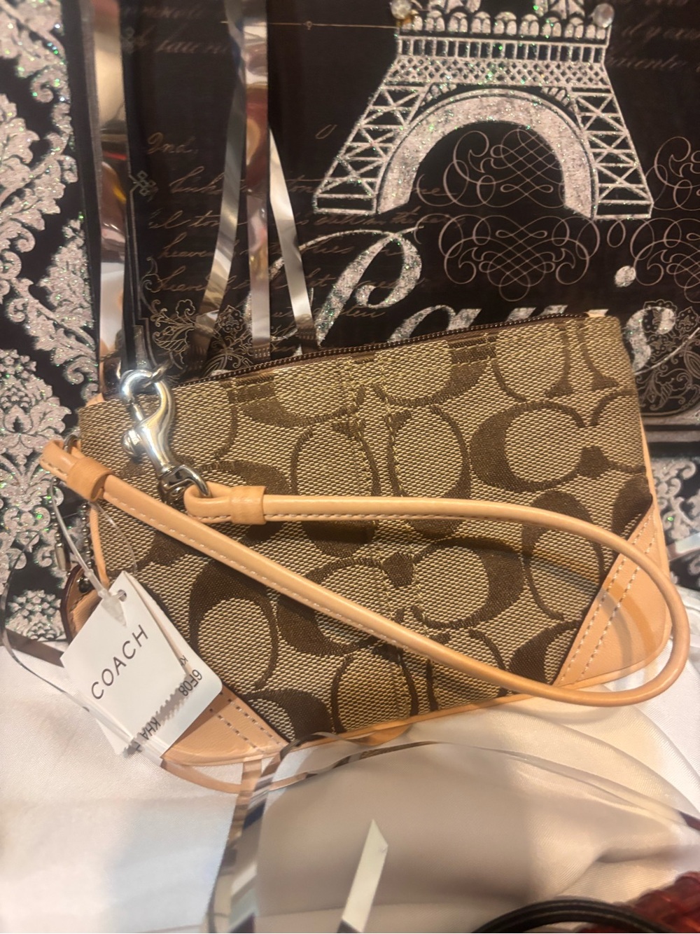 Coach Signature Canvas Wristlet in Brown and Tan